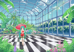 Rule 34 | 1girl, bad id, bad pixiv id, checkered floor, cloud, day, dress, floor, flower, food print, green eyes, green hair, greenhouse, hatsune miku, highres, long hair, matching hair/eyes, moyiche, plant, sandals, sky, solo, strapless, strapless dress, twintails, umbrella, vanishing point, very long hair, vocaloid, watermelon print, wide shot