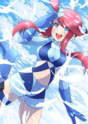 Rule 34 | 1girl, absurdres, blue eyes, blue gloves, blue shorts, blue sky, breasts, cloud, creatures (company), crop top, feathers, game freak, gloves, highres, looking at viewer, medium breasts, midriff, navel, nintendo, pokemon, pokemon bw, pouch, red hair, refisa, shorts, sky, skyla (pokemon), smile, solo, thigh pouch