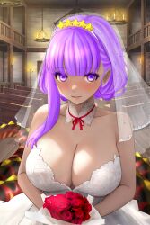 Rule 34 | 1girl, bare shoulders, bb (fate), bb (fate) (all), bb (swimsuit mooncancer) (fate), bb (swimsuit mooncancer) (second ascension) (fate), blush, bouquet, breasts, bridal veil, bride, cleavage, collarbone, dark-skinned female, dark skin, dress, fate/grand order, fate (series), flower, hair ornament, hair ribbon, hairband, highres, holding, holding bouquet, large breasts, long hair, looking at viewer, purple eyes, purple hair, raskasar, ribbon, star (symbol), star hair ornament, tan, tentacles, veil, wedding dress, white dress