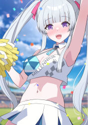 Rule 34 | :d, alternate costume, alternate hairstyle, amenocchi, arm up, armpits, blue archive, blunt bangs, blurry, blurry background, blush, breasts, cheerleader, cleavage, commentary request, confetti, cowboy shot, day, detached collar, grey hair, hair ribbon, hand up, happy, highres, long hair, looking at viewer, medium breasts, miniskirt, navel, noa (blue archive), nose blush, open mouth, outdoors, pink ribbon, pom pom (cheerleading), purple eyes, ribbon, sidelocks, skirt, smile, sports bra, stadium, standing, teeth, twintails, upper teeth only, very long hair, white skirt