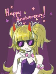 Rule 34 | 1girl, absurdres, arm ribbon, asymmetrical gloves, bow, bowtie, breasts, brown dust 2, choker, cleavage, closed mouth, demon horns, dress, elbow gloves, english text, gloves, green hair, hair tie, happy anniversary, highres, horns, long hair, looking at viewer, pink bow, pink bowtie, pink ribbon, purple-tinted eyewear, purple choker, purple dress, red horns, ribbon, seir (brown dust), short twintails, signature, small breasts, smile, solo, star (symbol), sunglasses, tinted eyewear, twintails, upper body, user yhzc5422, very long hair, white gloves