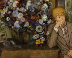 Rule 34 | 1boy, ashtray, black hair, blazer, blonde hair, blue flower, brown hair, cellphone, cigarette, collared shirt, elbow rest, flip phone, flower, formal, grey jacket, grey pants, head rest, highres, jacket, kageyama shigeo, killerningmengxianyu, leaning to the side, long sleeves, looking away, male focus, mob psycho 100, necktie, orange flower, pants, phone, photo (object), picture frame, pink necktie, portrait, purple flower, red flower, reigen arataka, shirt, short hair, sideways glance, sitting, solo, suit, table, traditional media, upper body, vase, white flower, white shirt, yellow flower