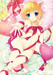 Rule 34 | 1girl, animal ears, barefoot, beckoning, bed sheet, blonde hair, blue eyes, blush, breasts, cat ears, feet, hand up, heart, heart-shaped pillow, hip focus, looking at viewer, lying, medium breasts, minatsuki alumi, naked ribbon, navel, on back, on bed, original, outstretched arm, parted lips, pillow, red ribbon, ribbon, short hair with long locks, solo, thighs