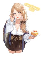 Rule 34 | 1girl, absurdres, black skirt, blonde hair, breasts, cake, cleavage, commentary, cropped legs, da-cart, fire emblem, fire emblem: three houses, food, food in mouth, fruit, garreg mach monastery uniform, hand up, happy birthday, highres, large breasts, long hair, long sleeves, looking at viewer, mercedes von martritz, mouth hold, nintendo, purple eyes, shirt, simple background, skirt, solo, standing, strawberry, strawberry shortcake, white background, white shirt