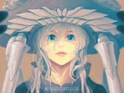 Rule 34 | 10s, 1girl, abyssal ship, blue eyes, brown background, character name, close-up, kantai collection, lips, long hair, looking at viewer, messy hair, nose, parted lips, portrait, samidare (okayou), silver hair, solo, wo-class aircraft carrier