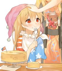 Rule 34 | 2girls, american flag, american flag dress, american flag shirt, bad id, bad pixiv id, black dress, blush, cheese, chinese clothes, clownpiece, commentary request, dress, eating, food, fork, frilled shirt collar, frills, hat, head pat, headpat, jester cap, junko (touhou), long hair, long sleeves, misha (hoongju), multiple girls, neck ruff, polka dot, pop-up pirate, red eyes, ribbon, shirt, star (symbol), striped, tabard, touhou