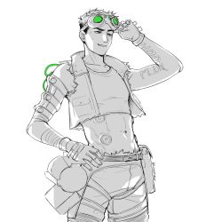 Rule 34 | 1boy, absurdres, apex legends, arm tattoo, belt, bsapricot, cable, commentary, crop top, cropped vest, english commentary, fingerless gloves, gloves, green eyes, hair behind ear, hand on own hip, highres, leaning back, midriff, navel, octane (apex legends), parted lips, shorts, smirk, solo, spot color, tattoo, vest