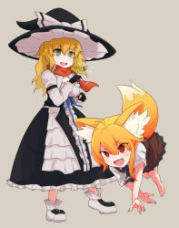Rule 34 | 2girls, all fours, animal ears, asymmetrical hair, barefoot, black headwear, black skirt, blonde hair, blue bow, bow, braid, breasts, brown background, brown skirt, brown vest, cleavage, commentary request, cookie (touhou), creatures (company), flying sweatdrops, fox ears, fox girl, fox tail, full body, game freak, green eyes, hair between eyes, hair bow, hat, hat bow, highres, holding, holding poke ball, kirisame marisa, long hair, looking at another, mars (cookie), medium breasts, medium hair, miramikaru riran, multiple girls, nintendo, open mouth, poke ball, poke ball (basic), pokemon, red eyes, red scarf, scarf, side braid, simple background, single braid, skirt, tail, touhou, underbust, vest, white bow, witch hat, yan pai