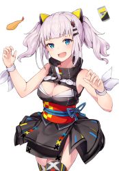 Rule 34 | 1girl, :d, bare shoulders, black cola, black dress, blue eyes, blush, breasts, can, censored, cleavage, cleavage cutout, clothing cutout, cowboy shot, dress, food, hair ornament, hairclip, highres, kaguya luna, large breasts, mosaic censoring, obi, open mouth, sash, sidelocks, silver hair, simple background, sleeveless, sleeveless dress, smile, solo, tempura, the moon studio, thighhighs, twintails, virtual youtuber, white background