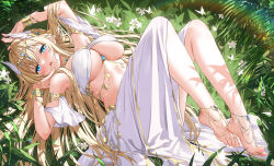 Rule 34 | 1girl, absurdres, arm up, armpits, ass, azur lane, bare legs, bare shoulders, barefoot, bikini, blonde hair, blue eyes, bracelet, breasts, circlet, detached sleeves, devil heavens, feet, glorious (azur lane), grass, hand up, head wings, highres, jewelry, large breasts, legs up, long hair, looking at viewer, lying, nature, on back, open mouth, pelvic curtain, short sleeves, skirt, solo, swimsuit, thighs, toes, underboob, very long hair, white bikini, white skirt, wings