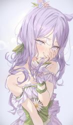 Rule 34 | 1girl, absurdres, animal ears, bare shoulders, blush, bright pupils, bubble, covering face, detached sleeves, dress, flower, full-face blush, glowing, hair flower, hair ornament, hand on own face, highres, horse ears, horse girl, hxxg, long hair, looking at viewer, mejiro mcqueen (ripple fairlady) (umamusume), mejiro mcqueen (umamusume), off-shoulder dress, off shoulder, purple eyes, purple hair, simple background, solo, sunflower, swept bangs, umamusume, upper body, white background, white dress, white flower, white pupils
