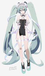 Rule 34 | 1girl, absurdly long hair, absurdres, alternate costume, aqua eyes, aqua footwear, aqua hair, aqua nails, artist name, bare shoulders, belt, black bow, black dress, black footwear, blue belt, boots, bow, breasts, center frills, closed mouth, detached sleeves, dress, elbow gloves, english text, eyebrows hidden by hair, frilled hairband, frilled sleeves, frills, full body, gloves, grey background, groin, hair between eyes, hair ornament, hairband, hatsune miku, headdress, highres, holding, holding microphone, long hair, looking at viewer, maid headdress, microphone, multicolored belt, multicolored footwear, nail polish, no panties, pelvic curtain, platform footwear, puffy sleeves, purple belt, ribbon, rsk (tbhono), sandals, see-through, side slit, sidelocks, simple background, skindentation, sleeveless, sleeveless dress, small breasts, smile, standing, thigh strap, thighhighs, toeless footwear, toeless legwear, toenail polish, toenails, twintails, very long hair, vocaloid, white background, white gloves
