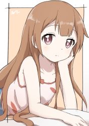 Rule 34 | 1girl, aayh, bare arms, bare shoulders, blush, brown background, brown eyes, brown hair, camisole, closed mouth, collarbone, commentary request, hand up, long hair, looking at viewer, oomuro-ke, oomuro hanako, pink camisole, signature, solo, two-tone background, very long hair, white background, yuru yuri