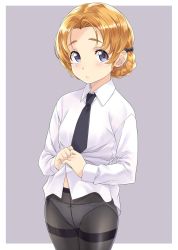 Rule 34 | 10s, 1girl, black bow, black necktie, black pantyhose, blush, border, bow, closed mouth, clothes lift, cowboy shot, crotch seam, girls und panzer, grey background, hair bow, highres, lifted by self, lingerie, long sleeves, looking at viewer, nagayori, necktie, no pants, orange pekoe (girls und panzer), panties, panties under pantyhose, pantyhose, pantyshot, see-through, shirt, shirt lift, simple background, smile, solo, standing, tareme, thighband pantyhose, underwear, white border, white panties, white shirt