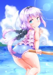 Rule 34 | 10s, 1girl, ass, bare shoulders, beach, beads, black bow, black hairband, blue eyes, blue one-piece swimsuit, blue sky, blunt bangs, blush, bow, casual one-piece swimsuit, closed mouth, cloud, cloudy sky, cowboy shot, day, frilled swimsuit, frills, from behind, gradient hair, hair beads, hair bow, hair ornament, hairband, hand up, holding, jitome, kanna kamui, kobayashi-san chi no maidragon, legs together, light purple hair, long hair, looking at viewer, looking back, low twintails, multicolored hair, no tail, ocean, one-piece swimsuit, outdoors, pengin maru, purple hair, shiny clothes, sky, solo, sunlight, swimsuit, twintails, twisted neck, v, water, white hair