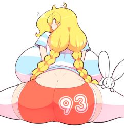Rule 34 | 1girl, ass, backboob, blonde hair, braid, breasts, butt crack, cameltoe, cassie (theycallhimcake), eyes visible through hair, gigantic breasts, huge ass, long hair, looking at viewer, looking back, original, purple eyes, rabbit, red shorts, shirt, shorts, sitting, solo, striped clothes, striped shirt, theycallhimcake, thighhighs, very long hair, white background