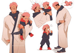 Rule 34 | 2boys, aged down, alternate universe, artist name, brown eyes, carrying, child, clenched hands, dual persona, face punch, facial tattoo, full body, in the face, itadori yuuji, jujutsu kaisen, lightningstrikes, long sleeves, looking at another, male focus, multiple boys, multiple views, open mouth, pink hair, punching, ryoumen sukuna (jujutsu kaisen), short hair, simple background, spiked hair, standing, tattoo, thought bubble, undercut, white background