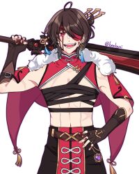 Rule 34 | 1boy, bandages, beebunii, beidou (genshin impact), blood, brown gloves, brown hair, brown pants, cape, claymore (sword), eyepatch, fang, fingerless gloves, fur trim, genderswap, genderswap (ftm), genshin impact, gloves, highres, holding, holding weapon, long hair, midriff, muscular, muscular male, navel, open mouth, pants, red cape, red eyes, scar, stomach, vision (genshin impact), weapon, white background
