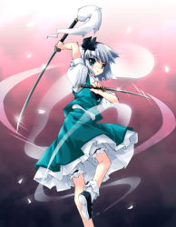 Rule 34 | 1girl, :o, aqua eyes, bloomers, blush, bobby socks, body blush, bow, bowtie, cherry blossoms, dancing, dual wielding, female focus, from behind, glint, gradient background, hitodama, holding, katana, konpaku youmu, konpaku youmu (ghost), looking at viewer, looking back, petals, petenshi (dr. vermilion), pink background, purple background, shiny skin, shoes, silver hair, skirt, skirt set, socks, solo, sword, touhou, underwear, vest, weapon, white background, white bloomers, white socks