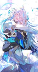 Rule 34 | 1boy, 1girl, aerinon, air bubble, artist name, blue eyes, blue hair, blush, bubble, closed eyes, commentary, english commentary, furina (genshin impact), genshin impact, grey hair, highres, hug, light blue hair, long hair, multicolored hair, neuvillette (genshin impact), open mouth, sidelocks, simple background, smile, streaked hair, teeth, two-tone hair, upper teeth only, white background