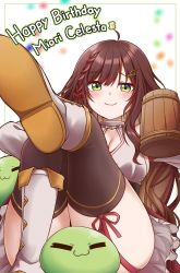 Rule 34 | 1girl, absurdres, boots, breasts, character name, cleavage, cleavage cutout, clothing cutout, cup, fortissimo, hair ornament, happy birthday, highres, holding, holding cup, jan azure, large breasts, long hair, miori celesta, miori celesta (1st costume), mogu (miori celesta), musical note, musical note hair ornament, sitting, slime (creature), solo, thighhighs, treble clef, tsunderia, virtual youtuber, white background, white footwear, wooden cup