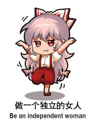 Rule 34 | 1girl, baggy pants, bilingual, bow, buttons, chibi, chinese text, collared shirt, commentary request, english text, fujiwara no mokou, full body, grey hair, hair bow, hime cut, jokanhiyou, long hair, long sleeves, meme, mixed-language text, pants, puffy short sleeves, puffy sleeves, red eyes, red footwear, red pants, shirt, short sleeves, sidelocks, simplified chinese text, solo, suspenders, touhou, translation request, v-shaped eyebrows, very long hair, white bow, white shirt