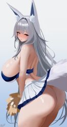 Rule 34 | 1girl, absurdres, alternate costume, animal ear fluff, animal ears, ass, azur lane, back, bare shoulders, blue eyes, blush, breasts, cheerleader, commentary, cowboy shot, crop top, fox ears, fox girl, fox tail, gradient background, grey hair, hair intakes, highres, holding, holding pom poms, huge ass, huge breasts, impl chan, long hair, looking at viewer, looking back, microskirt, no panties, nose blush, plump, pom pom (cheerleading), pom poms, shinano (azur lane), sideboob, signature, simple background, skirt, solo, tail, thick thighs, thighs, white skirt