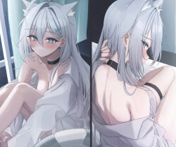 Rule 34 | 1girl, absurdres, ahoge, animal ear fluff, animal ears, black choker, blue archive, blue eyes, blush, breasts, choker, cleavage, closed mouth, collared shirt, cross hair ornament, extra ears, grey hair, hair between eyes, hair ornament, highres, large breasts, long hair, long sleeves, mismatched pupils, mofu07519, multiple views, shiroko (blue archive), shiroko terror (blue archive), shirt, thigh strap, white shirt, wolf ears