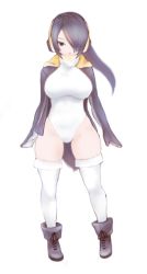 Rule 34 | 10s, 1girl, bird tail, black eyes, black hair, boots, emperor penguin (kemono friends), full body, grey footwear, hair over one eye, headphones, highleg, highleg leotard, hood, hood down, hooded jacket, hoodie, ise (0425), jacket, kemono friends, leotard, long hair, looking at viewer, open clothes, open hoodie, simple background, solo, standing, tail, thick thighs, thighhighs, thighs, white background, white leotard, white thighhighs