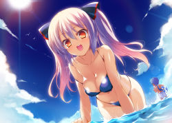 Rule 34 | 1girl, :d, ball, beachball, bikini, blue hair, breasts, cleavage, collarbone, day, from below, hair ribbon, long hair, looking at viewer, medium breasts, open mouth, orange eyes, original, pink hair, ribbon, sdwing, shorts, sky, smile, sunlight, swimsuit, twintails, water