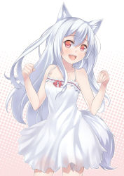 Rule 34 | 1girl, albino, animal ears, bare shoulders, blue hair, blush, collarbone, dress, fang, female focus, fox ears, fox tail, long hair, looking at viewer, open mouth, original, ray-akila, red eyes, smile, solo, tail, white hair, wolf ears, wolf tail