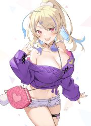 Rule 34 | 1girl, :3, :d, ahoge, bag, banned artist, bare shoulders, blonde hair, blue nails, breasts, choker, cleavage, collarbone, colored inner hair, cowboy shot, crop top, cutoffs, hair ornament, hairclip, hand up, heart, highres, icomochi, large breasts, long hair, long sleeves, looking at viewer, micro shorts, midriff, multicolored hair, nail polish, navel, off-shoulder shirt, off shoulder, open fly, open mouth, ponytail, puffy sleeves, purple shirt, red eyes, shirt, short shorts, shorts, shoulder bag, sidelocks, simple background, smile, solo, standing, stomach, streaked hair, sumirezaki rin, thigh strap, thighs, v, virtual youtuber, voice-ore, white background, white shorts, x hair ornament