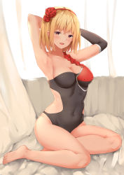 Rule 34 | 1girl, armpits, arms up, backlighting, barefoot, black gloves, blonde hair, blush, breasts, brown eyes, cleavage, clothing cutout, collarbone, commentary request, covered navel, curtains, dancer (granblue fantasy), day, djeeta (granblue fantasy), elbow gloves, flower, from side, full body, gloves, granblue fantasy, hair between eyes, hair flower, hair ornament, hairband, indoors, large breasts, legs together, leotard, looking at viewer, open mouth, revision, rose, short hair, side cutout, single elbow glove, sitting, skin tight, smile, solo, suzuame yatsumi, thighs, yokozuwari
