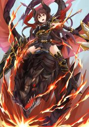Rule 34 | 10s, 1girl, absurdres, armor, bad id, bad pixiv id, belt, black thighhighs, boots, bow, bowtie, breastplate, breath weapon, breathing fire, broken armor, brown hair, dragon, draph, elbow gloves, elusya, fire, forte (shingeki no bahamut), gloves, granblue fantasy, highres, horns, lance, long hair, open mouth, pauldrons, pointy ears, polearm, red eyes, red scarf, riding, scarf, shingeki no bahamut, shoulder armor, skirt, thigh boots, thighhighs, weapon