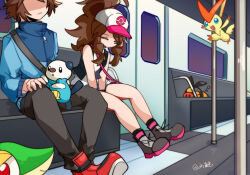 Rule 34 | 1boy, 1girl, :d, absurdres, baseball cap, black pants, blue eyes, blue jacket, boots, brown hair, c6h14o0918, closed eyes, closed mouth, commentary, creatures (company), faceless, faceless male, game freak, gen 5 pokemon, grey footwear, hat, high ponytail, highres, hilbert (pokemon), hilda (pokemon), jacket, legendary pokemon, lying, mythical pokemon, nintendo, on stomach, open mouth, oshawott, pants, pink bag, poke ball print, pokemon, pokemon (creature), pokemon bw, print headwear, red eyes, red footwear, shoes, signature, sleeping, smile, smug, snivy, starter pokemon trio, tepig, train interior, victini, white hat