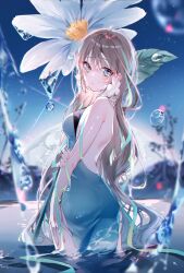 Rule 34 | 1girl, arm at side, ass, bare shoulders, blue dress, blue eyes, blush, breasts, brown hair, closed mouth, dot nose, dress, flower, from behind, hair between eyes, hair flower, hair ornament, highres, lips, long hair, looking at viewer, looking back, miwano rag, original, partially submerged, raised eyebrows, side slit, sidelocks, small breasts, solo, straight hair, strapless, strapless dress, thighs, water drop, white flower