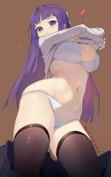 Rule 34 | 1girl, black thighhighs, blunt bangs, blush, bow, bow bra, bra, breasts, closed mouth, clothes lift, fern (sousou no frieren), heart, highres, lace trim, large breasts, lifting own clothes, long hair, long sleeves, looking at viewer, navel, panties, purple eyes, purple hair, shirt, shirt lift, simple background, skindentation, solo, sousou no frieren, standing, stomach, thighhighs, thighs, underwear, undressing, very long hair, white bra, white panties, white shirt, xiluo qian xi