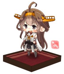 Rule 34 | 1girl, :d, ahoge, artist name, bare shoulders, black skirt, blush, brown hair, detached sleeves, double bun, grey eyes, hair between eyes, hairband, headgear, highres, japanese clothes, kantai collection, kongou (kancolle), kongou kai ni (kancolle), long hair, nontraditional miko, open mouth, pleated skirt, ribbon-trimmed sleeves, ribbon trim, simple background, skirt, smile, solo, taisa (kari), v-shaped eyebrows, white background, wide sleeves