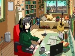 Rule 34 | 1girl, acoustic guitar, aiu404l, bed, black choker, black eyes, black hair, book, bookshelf, breasts, building, calendar (object), cat, choker, cirno, clothes hanger, coffee, coffee mug, computer, cup, fumo (doll), green sweater, guitar, headphones, heart, highres, holding, holding pencil, instrument, keyboard (instrument), kirby, kirby (series), lamp, laptop, medium breasts, mug, nintendo, notebook, original, pencil, plant, plate, pleated skirt, potted plant, rug, scissors, sitting, skirt, solo, star-shaped pillow, steam, sweater, touhou, trash can, window
