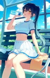 1girl absurdres ball bench black_hair blush bottle gloria_(gloriao3o) highres long_hair looking_at_viewer midriff miniskirt open_mouth original pleated_skirt ponytail racket sitting skirt sky solo sportswear sweat tennis_ball tennis_racket tennis_uniform towel very_long_hair visor_cap water_bottle yellow_eyes