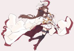 Rule 34 | 1girl, asymmetrical legwear, black thighhighs, boots, breasts, brown hair, cherry blossoms, clothes writing, coat, commentary request, full body, gradient footwear, hair intakes, headgear, highres, kantai collection, knee boots, large breasts, long hair, looking at viewer, minosu, oil-paper umbrella, over-kneehighs, pleated skirt, ponytail, sakuramon, sidelocks, single knee boot, single over-kneehigh, single thigh boot, single thighhigh, skirt, sleeveless, sleeveless coat, solo, thigh boots, thighhighs, umbrella, white coat, white skirt, yamato (kancolle), yamato kai ni (kancolle)