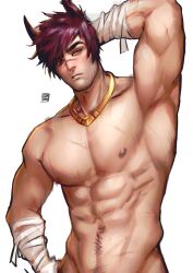 Rule 34 | arm behind head, arm up, armpits, bandaged arm, bandages, bara, greenteaa, highres, jewelry, league of legends, looking at viewer, male focus, muscular, muscular male, navel, necklace, parted lips, pectorals, purple hair, sett (league of legends), signature, simple background, upper body, white background, yellow eyes