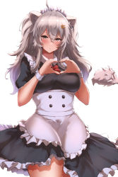Rule 34 | 1girl, ahoge, alternate costume, angry, animal ears, apron, black dress, blush, breasts, buttons, cowboy shot, crossed legs, dress, ear piercing, embarrassed, enmaided, frilled dress, frills, grey eyes, hair between eyes, hair ornament, hairclip, heart, heart hands, highres, hololive, jojobirdz, large breasts, lion ears, lion girl, lion tail, long hair, looking at viewer, maid, maid apron, maid headdress, piercing, scowl, shishiro botan, sidelocks, silver hair, simple background, solo, tail, thick thighs, thighs, two side up, underbust, v-shaped eyebrows, virtual youtuber, white apron, white background