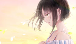 Rule 34 | 1girl, akasaka asa, backlighting, bare shoulders, black hair, blush, bra strap, collarbone, commentary request, crying, crying with eyes open, day, from side, hand on own chest, looking away, looking down, orange sky, original, outdoors, parted lips, petals, pink sky, short hair, short hair with long locks, sidelocks, sky, solo, sunlight, tears, upper body, wind, yellow sky