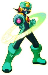 Rule 34 | 1boy, aiming, aiming at viewer, arm cannon, bodysuit, brown hair, full body, glowing, green bodysuit, green eyes, green footwear, green helmet, hi-go!, male focus, mask, mega buster, mega man (series), mega man battle network (series), megaman.exe, mouth mask, neon trim, short hair, simple background, solo, spiked hair, weapon, white background