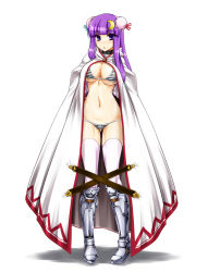 Rule 34 | 1girl, :o, armor, bikini, bikini armor, blush, boots, breasts, cape, crescent, crescent hair ornament, female focus, full body, greaves, hair ornament, hat, knee boots, large breasts, long hair, namidame, patchouli knowledge, purple eyes, purple hair, solo, standing, striped bikini, striped clothes, swimsuit, thighhighs, touhou, weapon, white background, white thighhighs