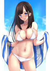 Rule 34 | 1girl, bikini, black hair, blue eyes, blue sky, bracelet, breasts, choker, cleavage, cloud, collarbone, commentary request, contrapposto, cowboy shot, gluteal fold, groin, highres, jewelry, large breasts, long hair, looking at viewer, mole, mole on breast, navel, o-ring, o-ring bikini, o-ring bottom, o-ring top, original, sky, smile, solo, standing, swimsuit, towel, untue, white bikini