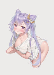 Rule 34 | 1girl, arm under breasts, bamboo shoot bun, blush, braid, breasts, clothes pull, collarbone, commentary request, cone hair bun, cowboy shot, cropped legs, double bun, flower, genshin impact, hair bun, hair flower, hair ornament, haneru, highres, keqing (genshin impact), leaning forward, long hair, looking at viewer, medium breasts, no bra, panties, parted lips, pulling own clothes, purple eyes, purple hair, shirt, shirt pull, signature, smile, solo, standing, twintails, underwear, very long hair, white flower, white panties, white shirt