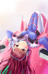 Rule 34 | 1girl, animal print, blue bodysuit, blush, bodysuit, breasts, brown eyes, brown hair, covered navel, d.va (overwatch), eyes visible through hair, facepaint, facial mark, foreshortening, gloves, headphones, high collar, legs together, long hair, looking at viewer, lying, mecha, medium breasts, meka (overwatch), on back, on mecha, outstretched arm, overwatch, overwatch 1, pilot suit, rabbit print, reaching, reaching towards viewer, ribbed bodysuit, robot, selfie, shoulder pads, simple background, skin tight, skyrail, smile, solo, swept bangs, upside-down, whisker markings, white background, white gloves