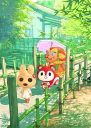 Rule 34 | 3girls, :&gt;, absurdres, animal crossing, apron, architecture, bamboo, bamboo fence, blue eyes, blush, blush stickers, bush, closed mouth, coco (animal crossing), commentary request, curled horns, day, east asian architecture, fence, frita (animal crossing), furry, furry female, grass, highres, holding, holding umbrella, horns, house, looking at viewer, multiple girls, nintendo, outdoors, parasol, path, pink umbrella, poppy (animal crossing), rabbit girl, road, senrotou, shadow, sheep girl, shirt, smile, squirrel girl, tree, umbrella, waist apron, white apron, white shirt
